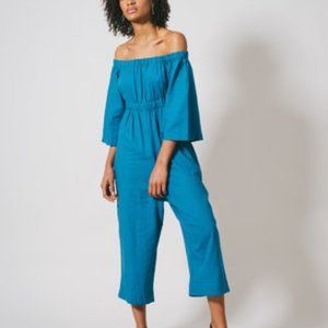 Reifhaus Brisa Linen Off Shoulder Jumpsuit Romper Coverall - Blue Teal - S